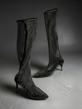BLACK Mesh Rhinestone Pull On Boots Size JPN 24.5 / US 8.5